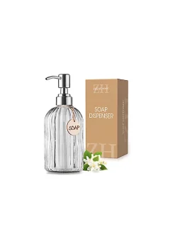 Zulay Kitchen Zulay Home 18 oz Glass Hand Soap Dispenser for Bathroom - Easy Press-Pump Bathroom Soap Dispenser with Birchwood Tag - Clear Glass Soap Dispenser